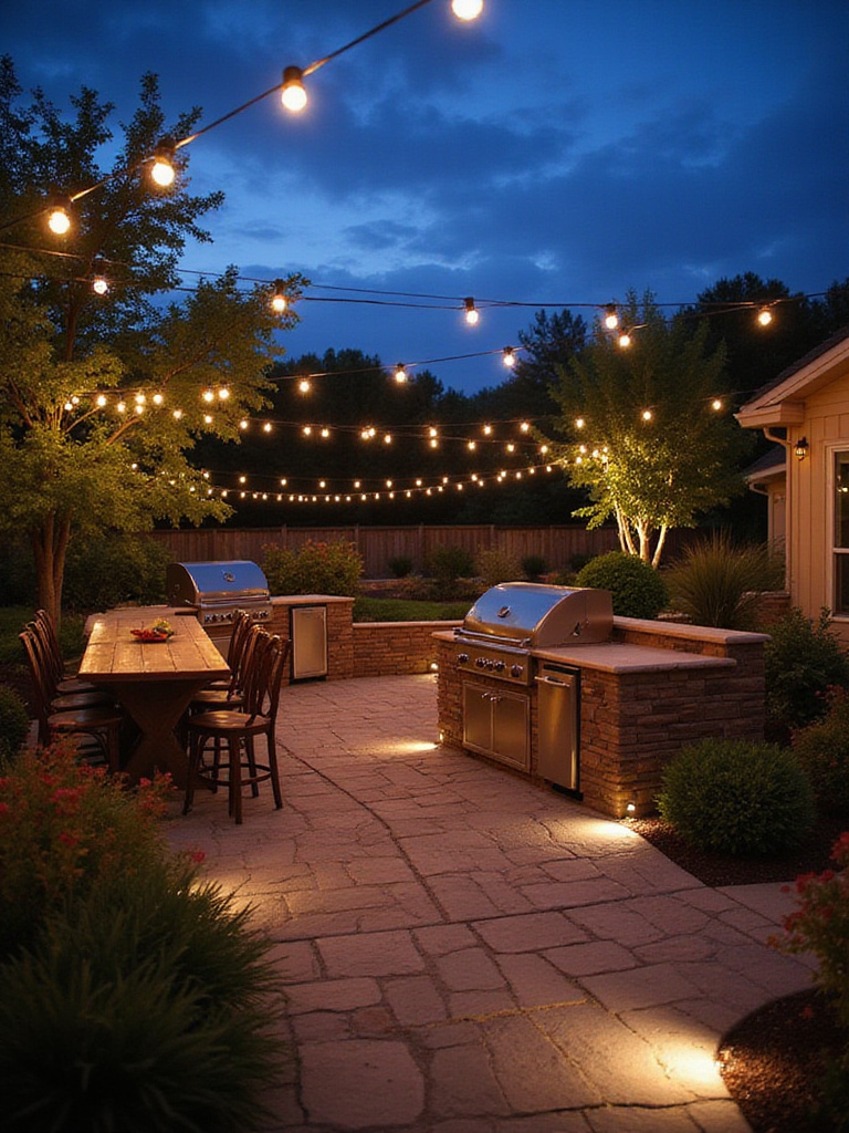 Outdoor kitchen patio with layered lighting setup at dusk