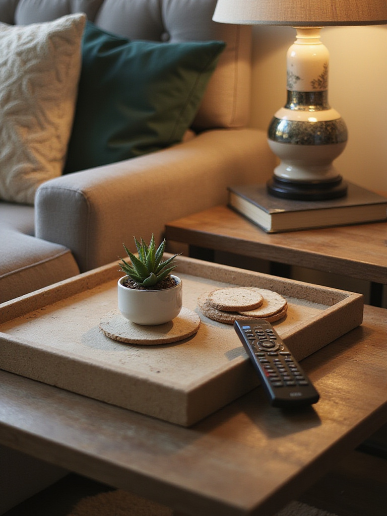 Stylish end table with a decorative tray containing a succulent, coasters, and a remote control.