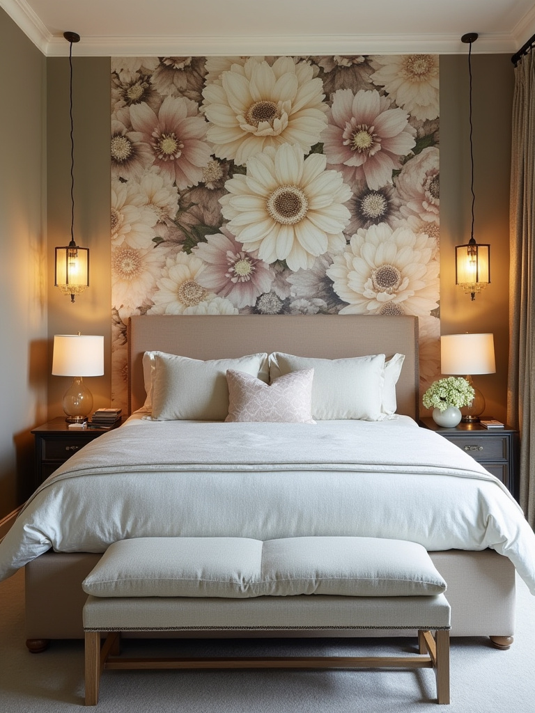 Stylish bedroom featuring a floral wallpaper feature wall behind the bed.