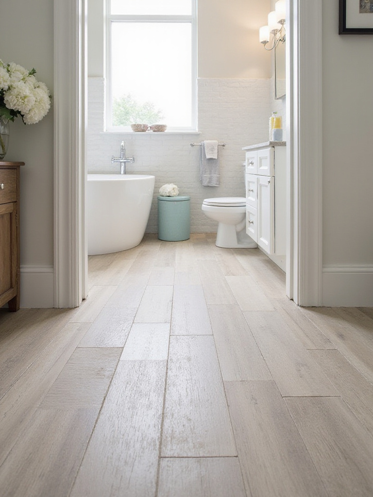 Bathroom flooring installation scene showcasing various flooring materials.
