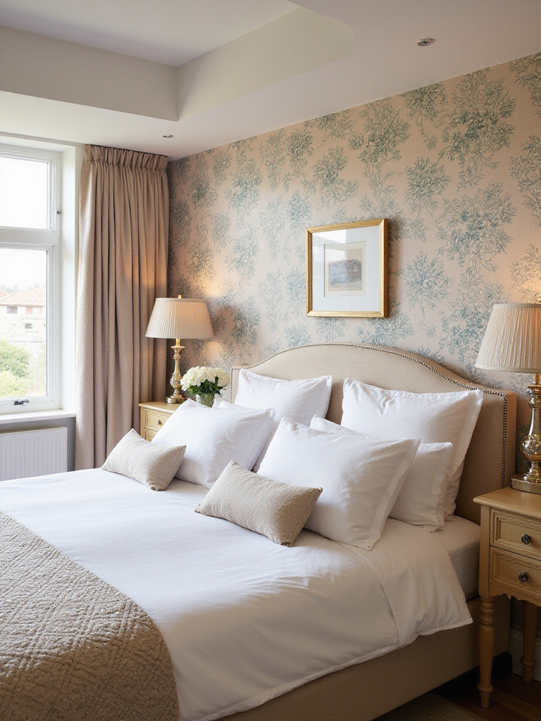 A beautifully designed bedroom showcasing a stunning wallpaper feature wall with floral patterns.