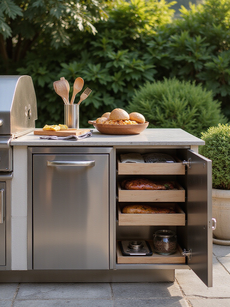 Outdoor kitchen with smart storage solutions for utensils and tools, featuring stainless steel cabinetry.