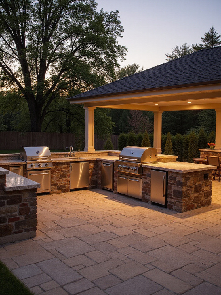 Efficient layout of an outdoor kitchen patio designed for workflow and entertaining.