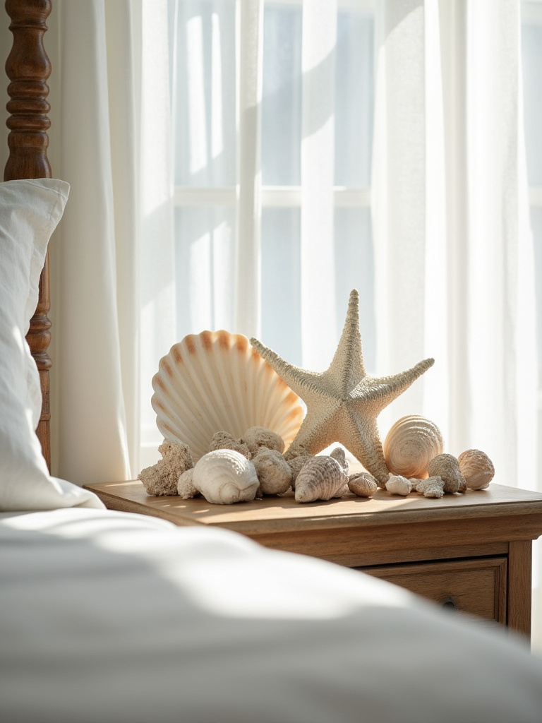 A coastal bedroom with a bedside table displaying authentic seashells and coral pieces.