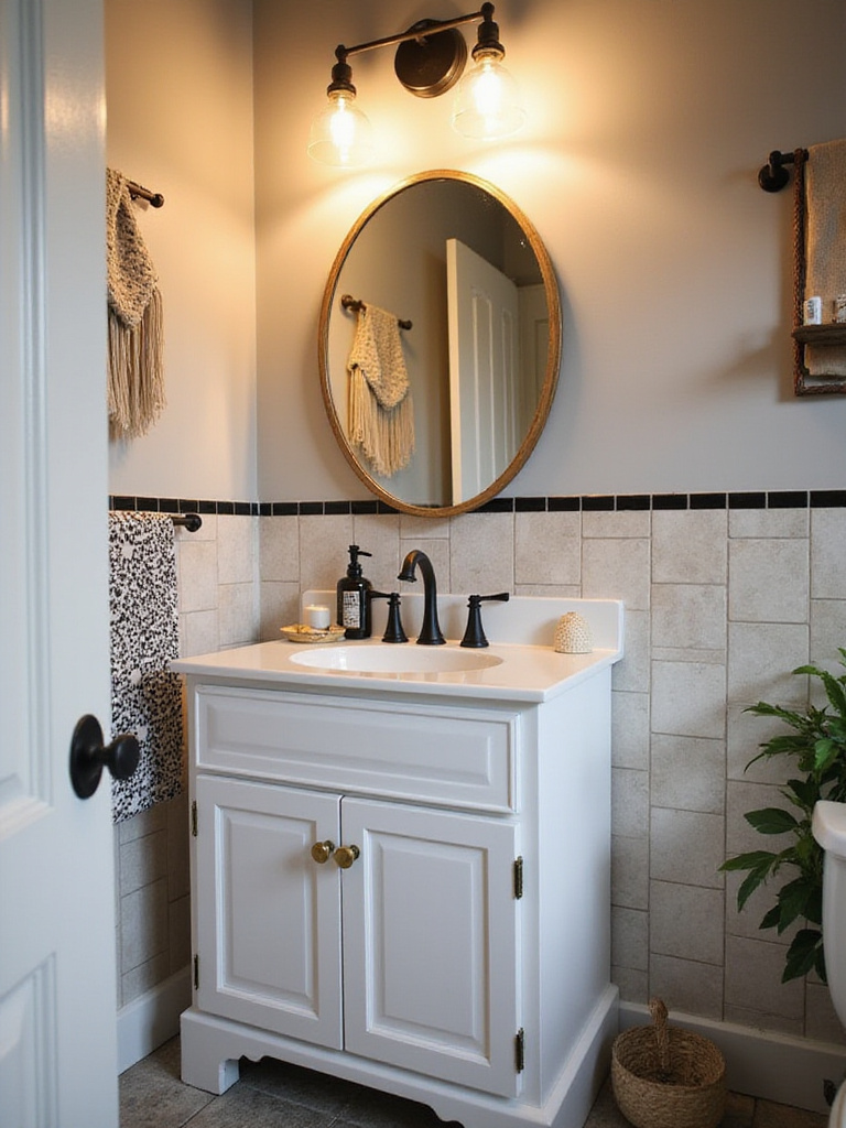Stylish small bathroom featuring brass and black hardware for a boho aesthetic.
