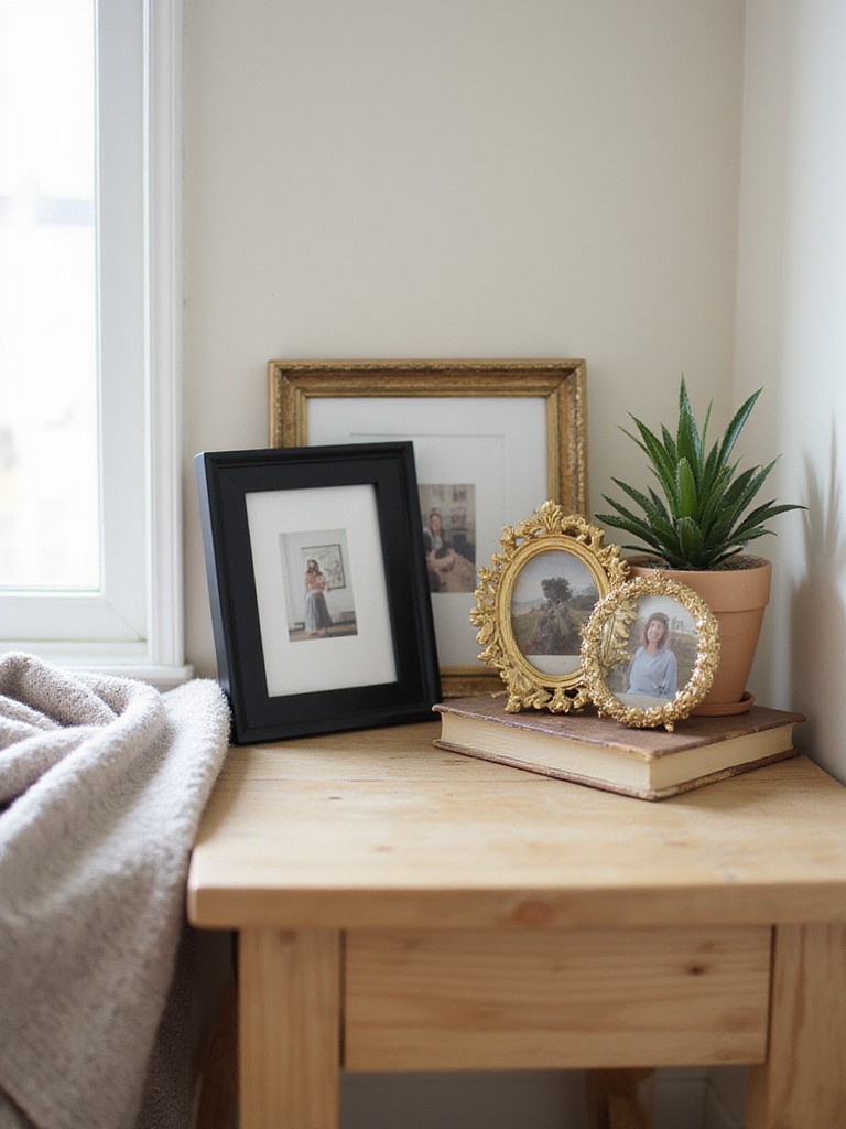 Styled end table with mini framed art and personal photos
