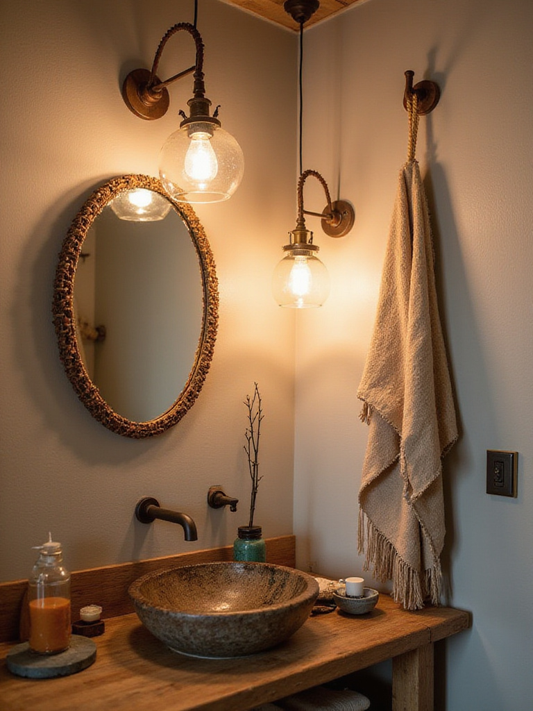 Boho bathroom featuring unique pendant and sconce lighting fixtures.
