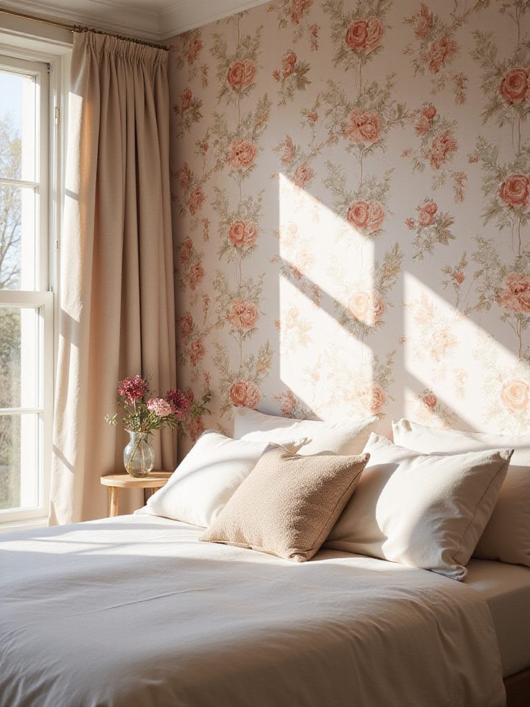 A serene bedroom with romantic floral wallpaper in soft hues and warm lighting.