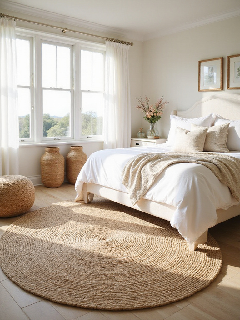 Coastal bedroom featuring jute rug and sisal decor