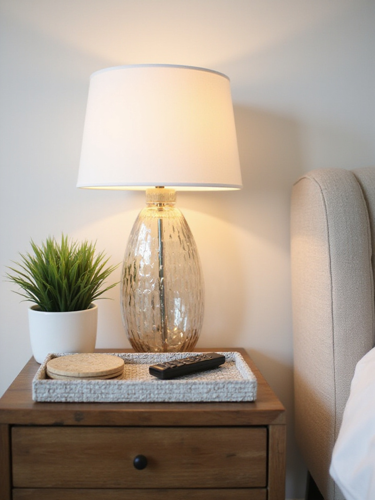 Minimalist end table decor featuring a lamp, plant, and decorative tray
