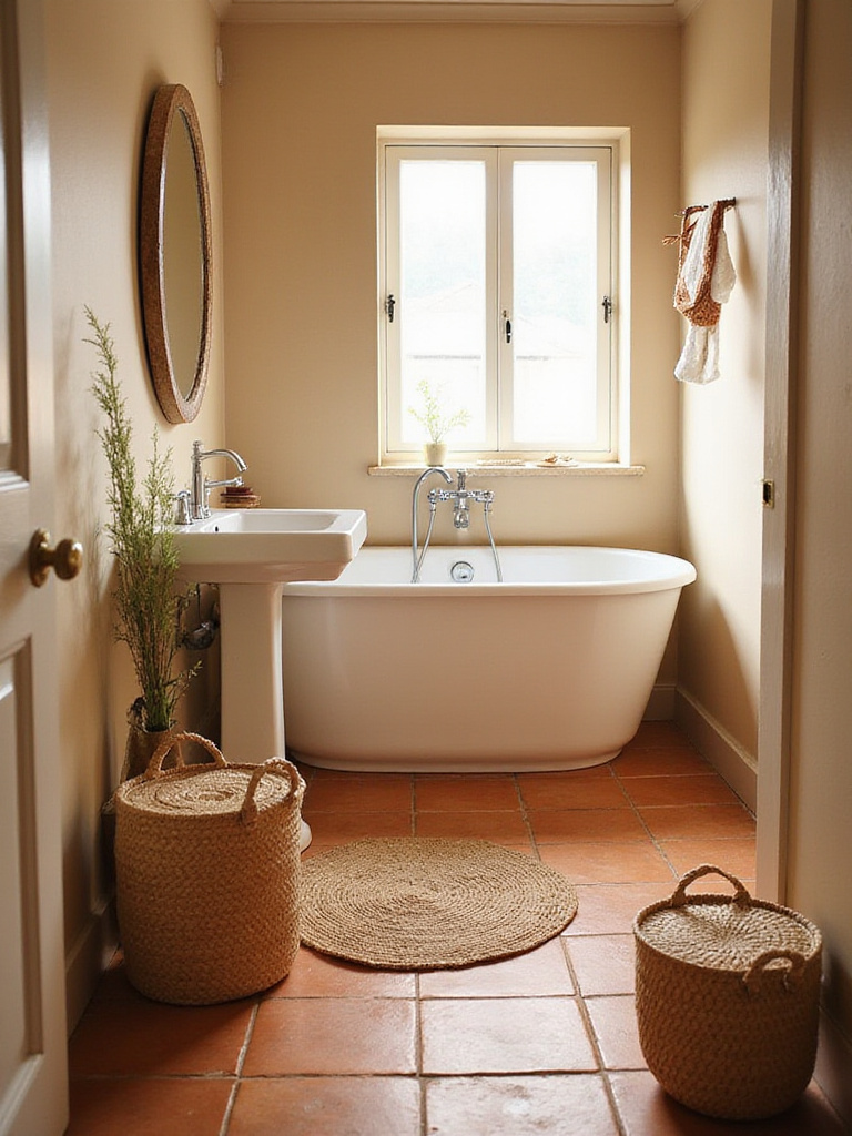 A cozy small bathroom decorated with warm earth tones.