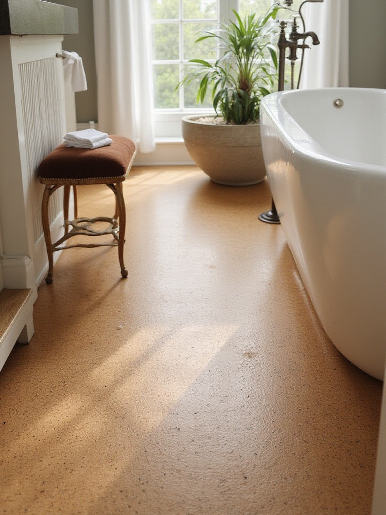 Beautiful bathroom showcasing sealed cork flooring with natural lighting.