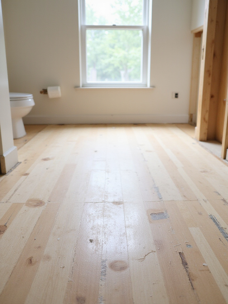 Well-prepared bathroom subfloor ready for flooring installation