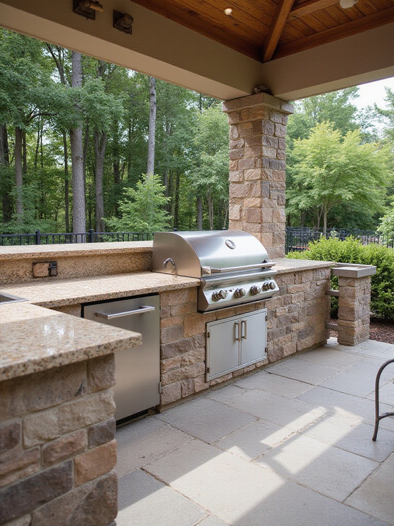 A clean and organized outdoor kitchen patio with sparkling appliances and tidy countertops.