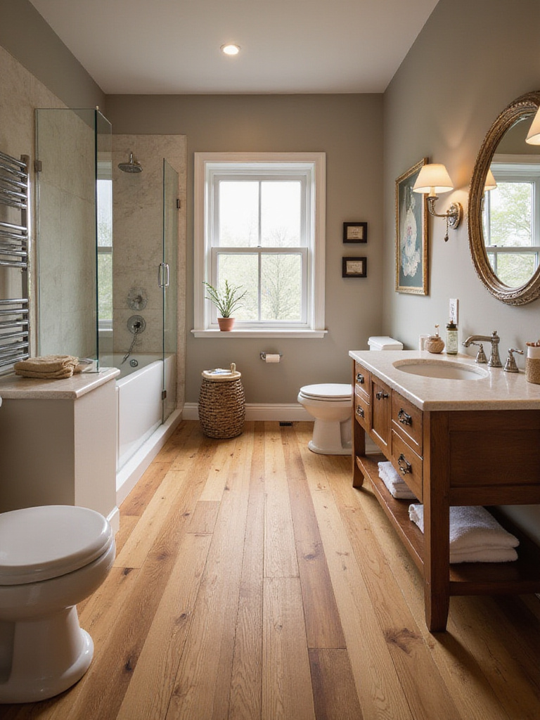 Engineered wood flooring in a modern bathroom with natural lighting