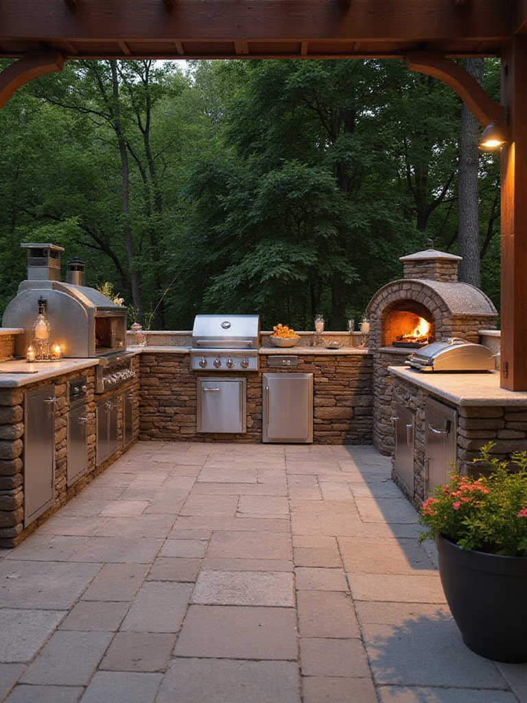 Outdoor kitchen patio featuring specialty cooking appliances like a pizza oven and smoker