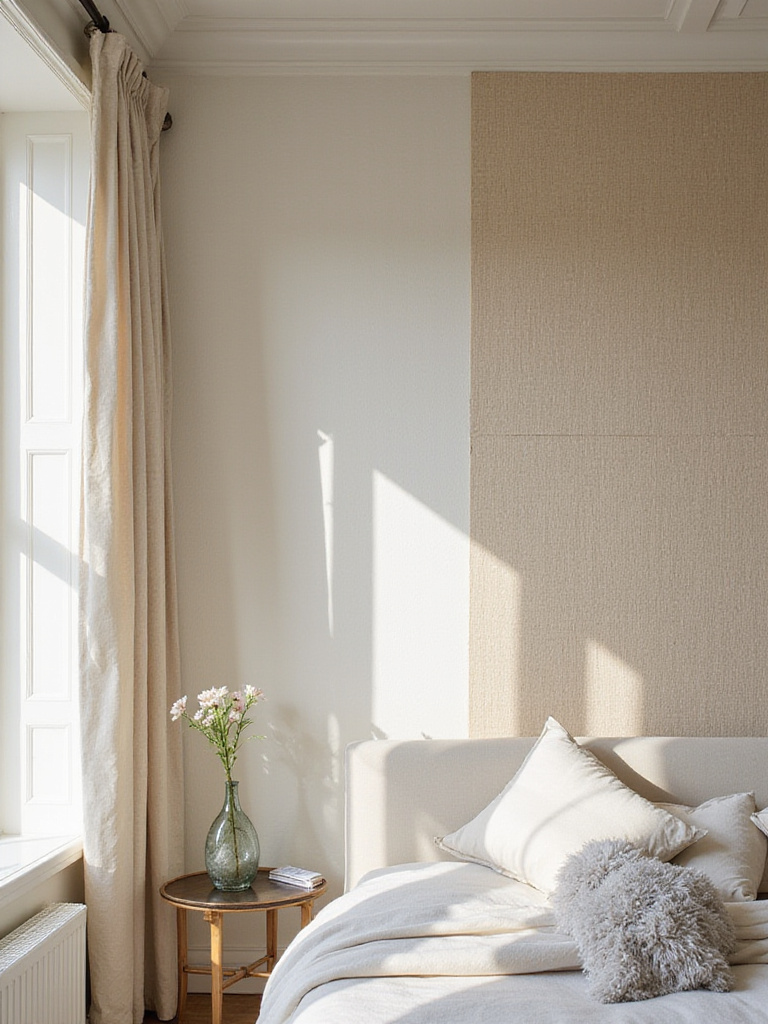 A well-lit bedroom featuring various wallpaper materials showcasing texture and durability.