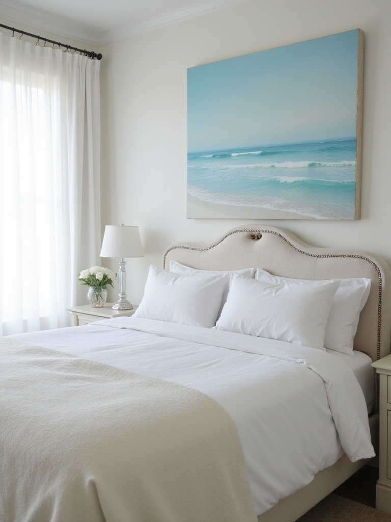 Coastal bedroom featuring a large seascape painting above a bed with natural lighting.