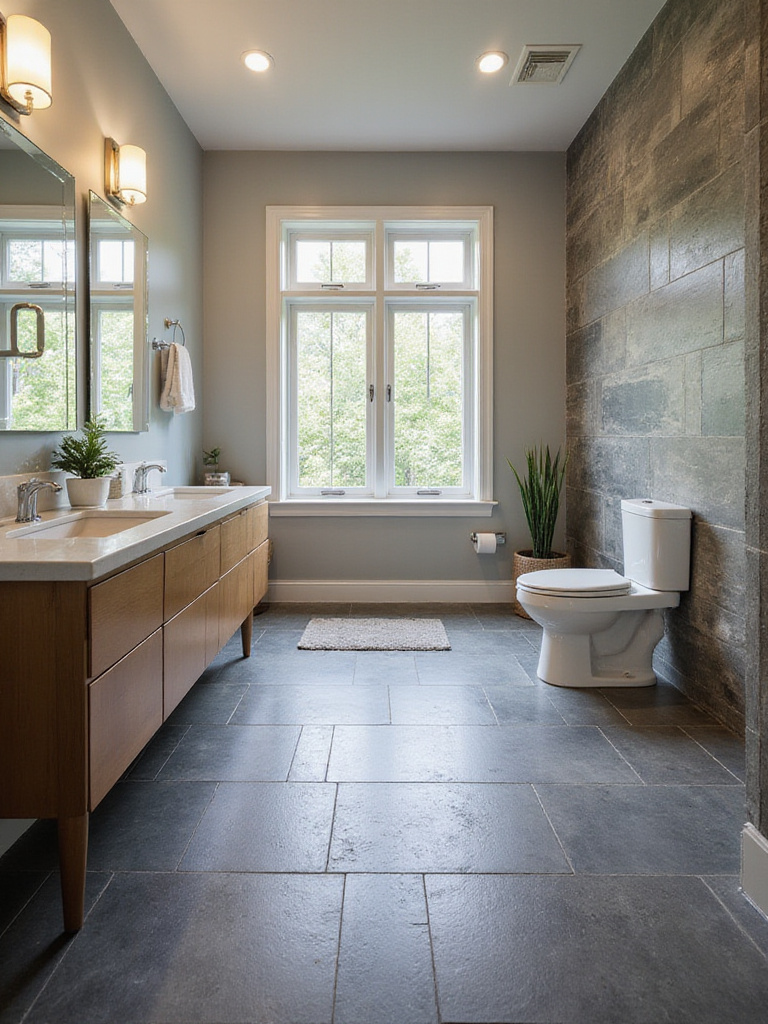 A stylish bathroom featuring slate flooring that highlights its natural texture and slip resistance.