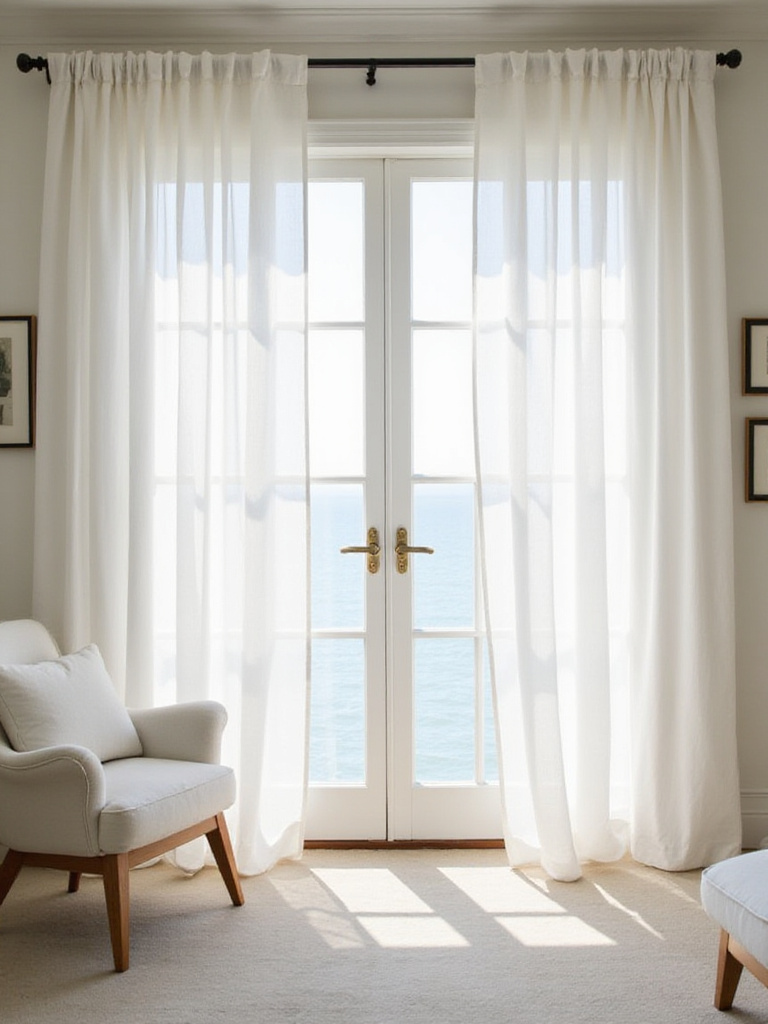 Coastal bedroom with light airy curtains maximizing sunlight