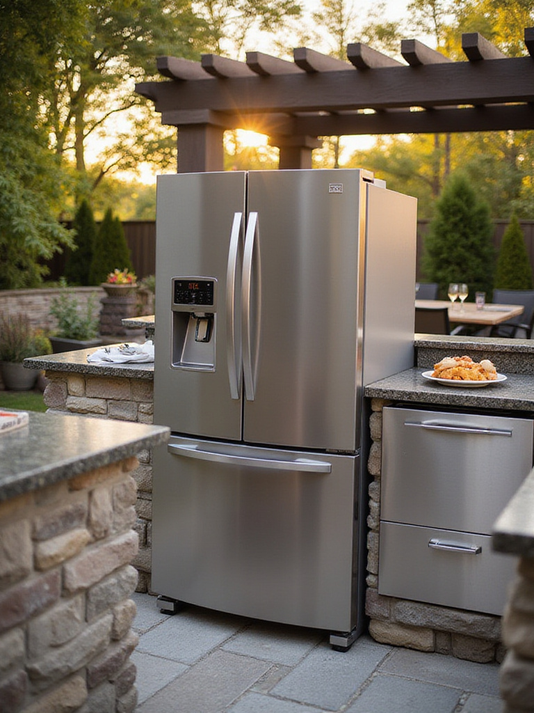 Outdoor kitchen featuring a stainless steel outdoor-rated refrigerator with surrounding greenery and dining area.