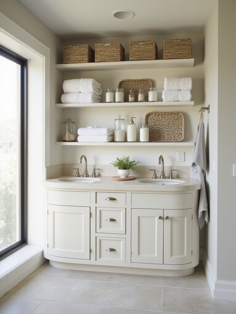 Bathroom vanity with open shelving displaying towels and decorative items