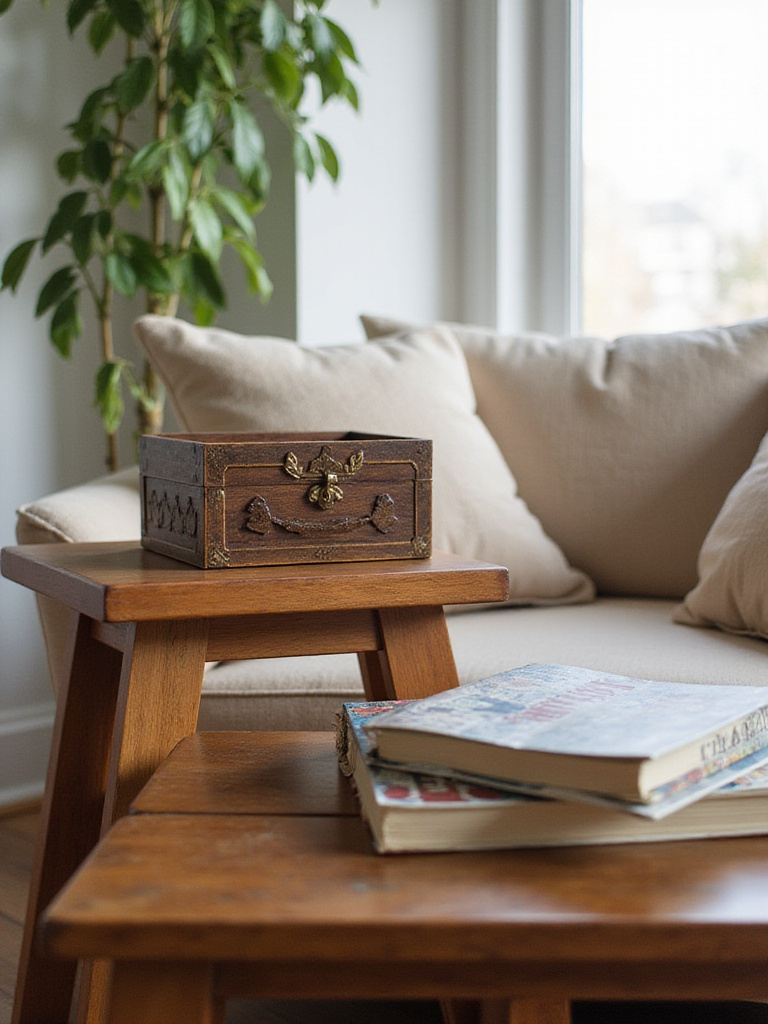 End table with a decorative wooden box for hidden storage