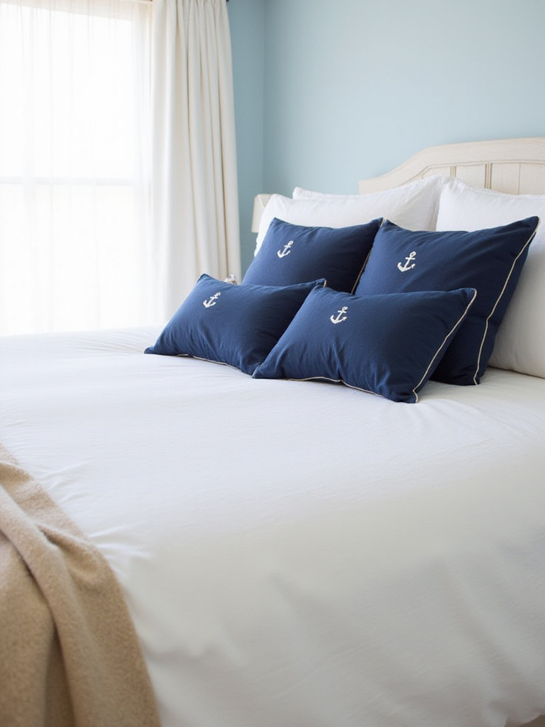Coastal bedroom with subtle nautical patterns on textiles