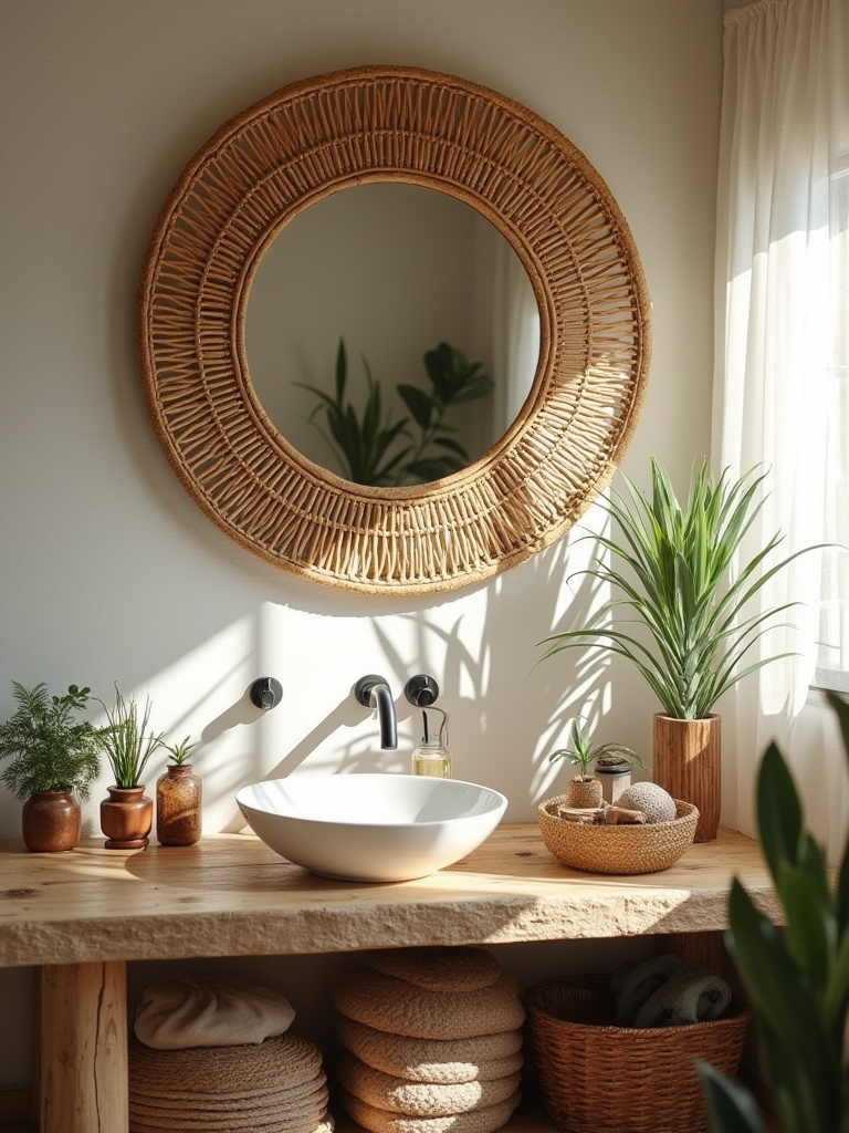 A bohemian bathroom featuring a large round mirror with a woven rattan frame above a rustic wooden vanity.