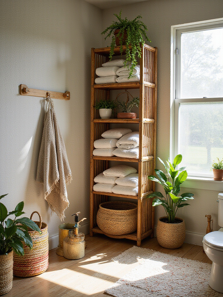 Boho bathroom with tall, narrow bamboo etagere showcasing towels and decor.