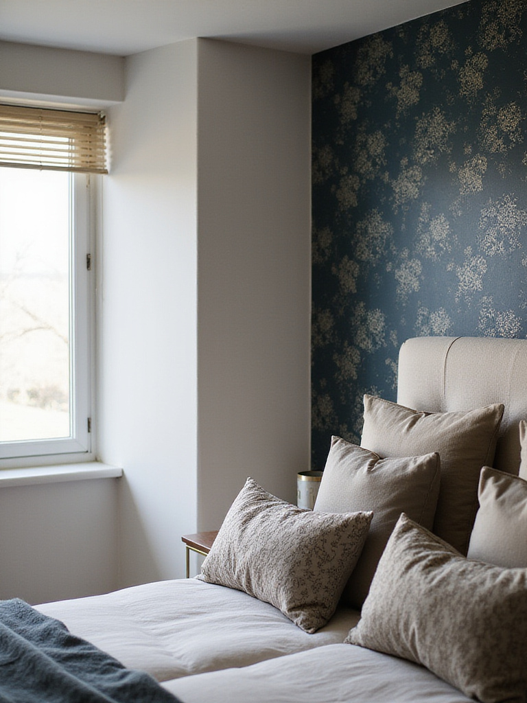 Bedroom featuring dark and light wallpaper colors with natural lighting