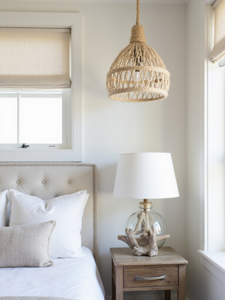 Coastal bedroom featuring rope, glass, and driftwood lighting accents