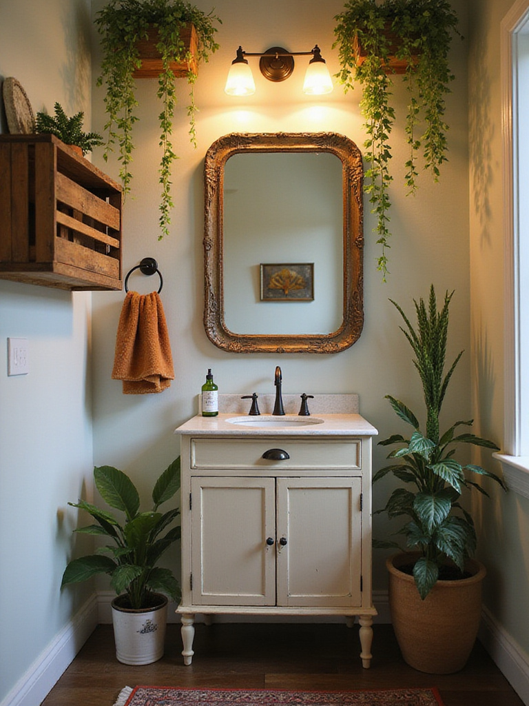 A boho bathroom decorated with vintage elements, including a distressed mirror and a wooden crate for storage.