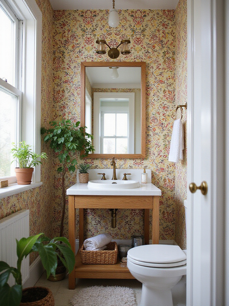Small bathroom featuring vibrant patterned peel-and-stick wallpaper in a boho style.