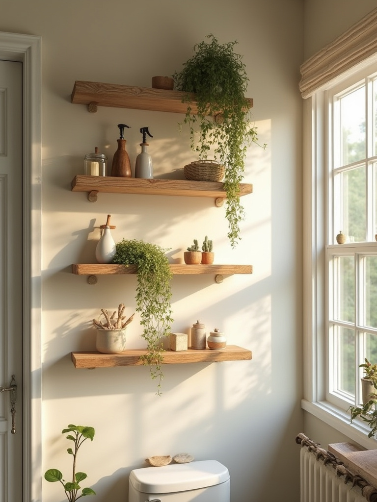 Boho bathroom with floating shelves displaying plants and decor.