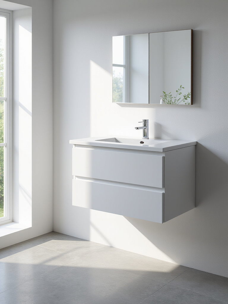 Modern bathroom with a floating vanity and open floor space