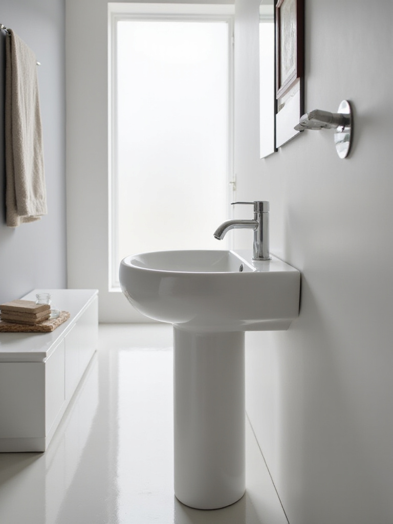 Professional photo of a minimalist bathroom featuring a pedestal sink