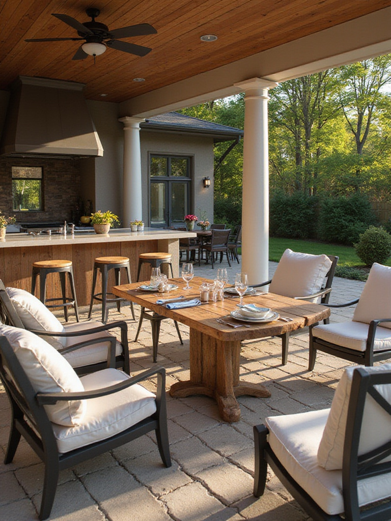 Outdoor kitchen patio with comfortable seating areas and dining setup