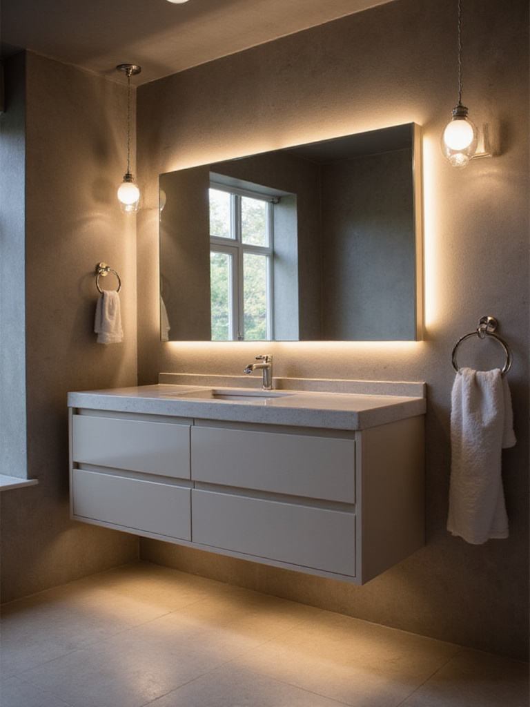 Modern bathroom vanity with integrated lighting and illuminated mirror