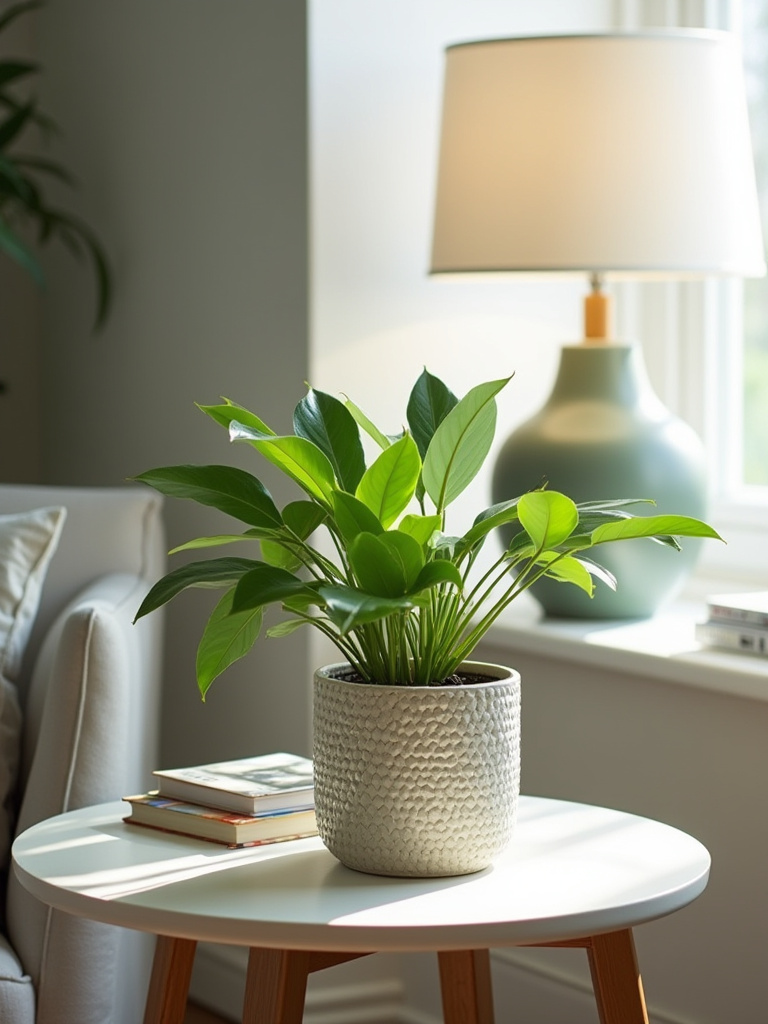 End table with a small Pothos plant in a ceramic pot, styled with books and a lamp.