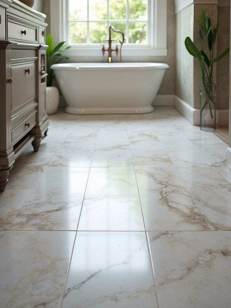 Luxurious bathroom floor featuring natural stone tiles with unique patterns and textures.
