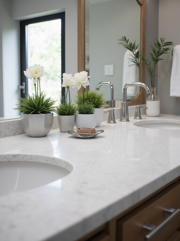 Modern bathroom with quartz countertop and integrated sink, showcasing durability and elegance.