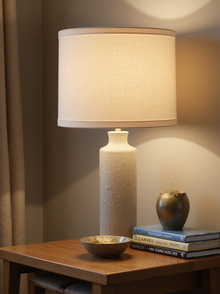 Layered end table decor with varying heights and textures