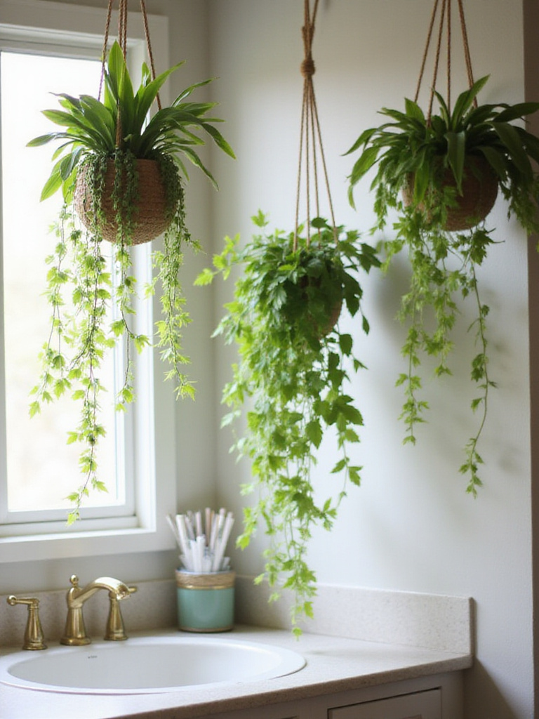 Bohemian bathroom with hanging trailing plants