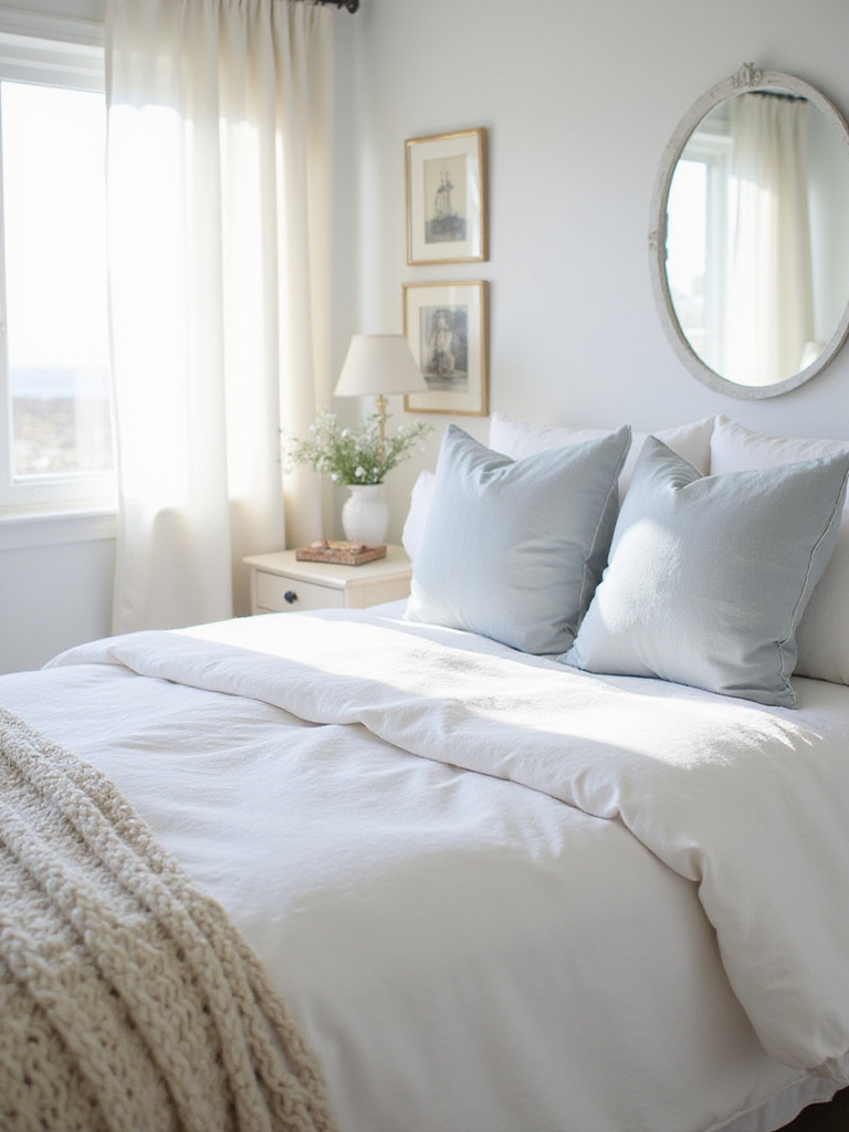 Coastal bedroom with layered bed featuring soft linen and cotton bedding