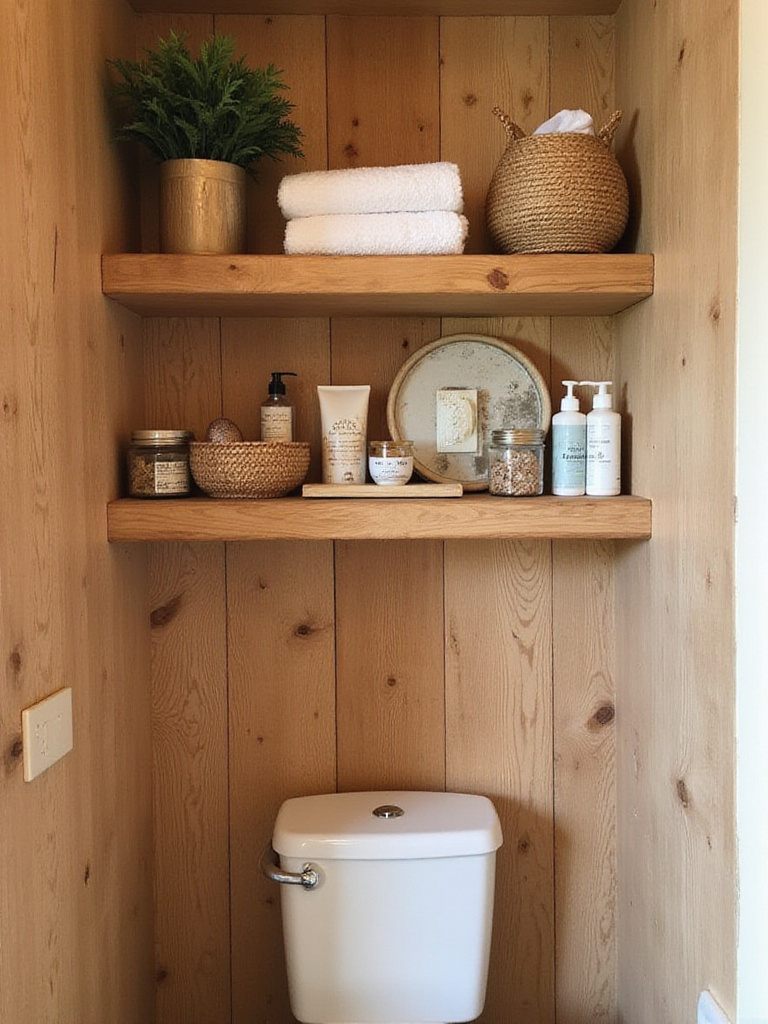 A serene boho bathroom showcasing organized shelves with natural materials.