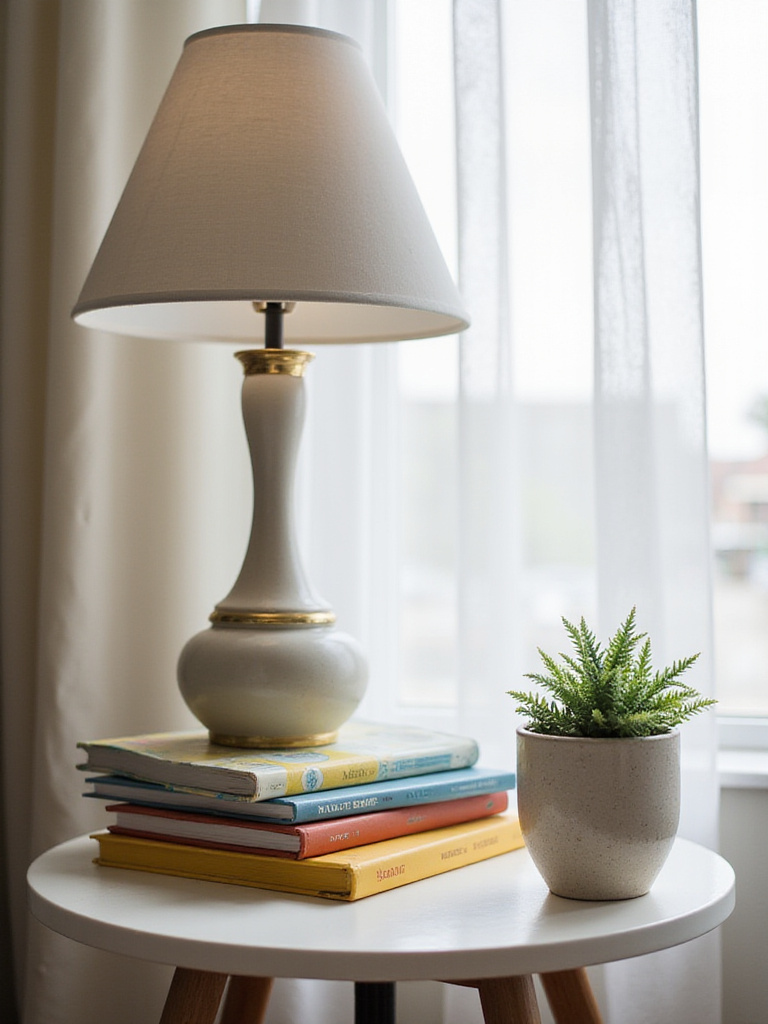 Styled end table showcasing asymmetrical balance with a lamp, books, and succulent.