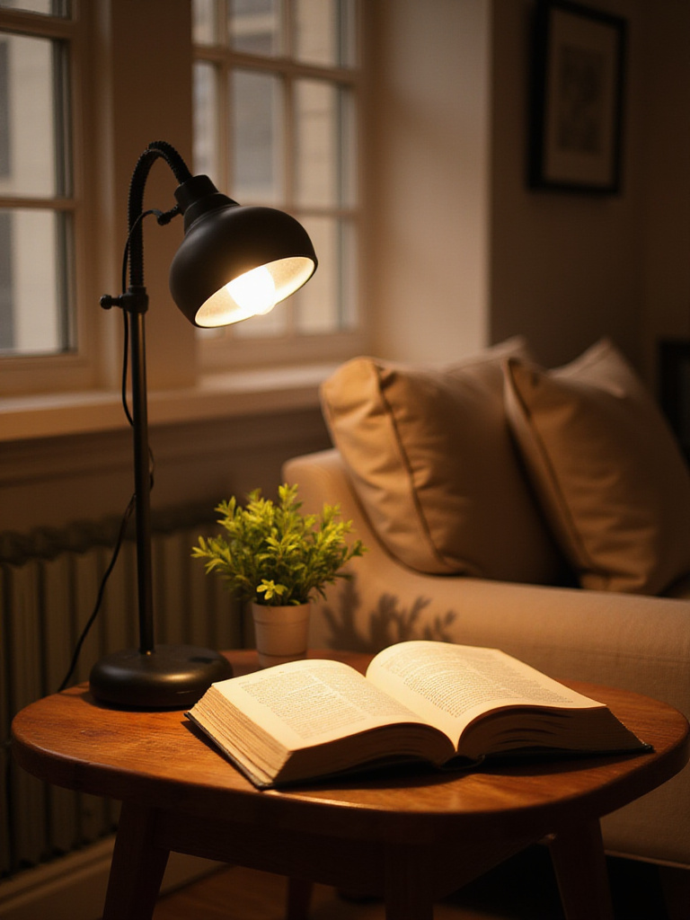 End table with lamp at ideal height for reading, illuminating an open book.