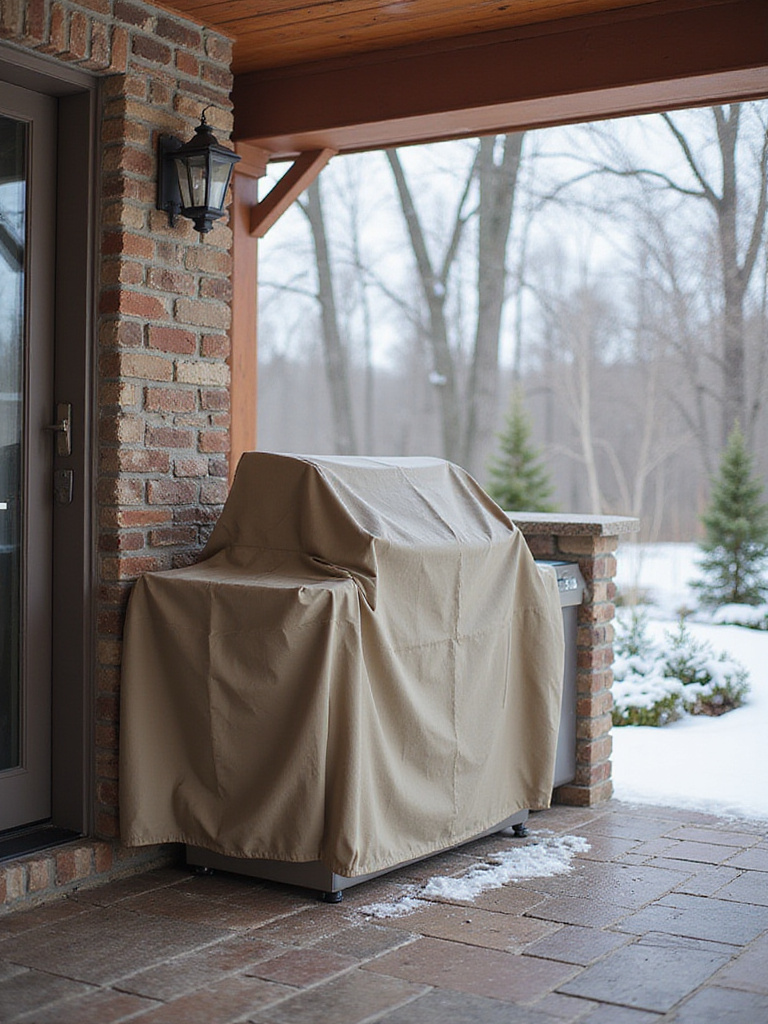 Outdoor kitchen patio winterized with breathable covers, showcasing maintenance steps.