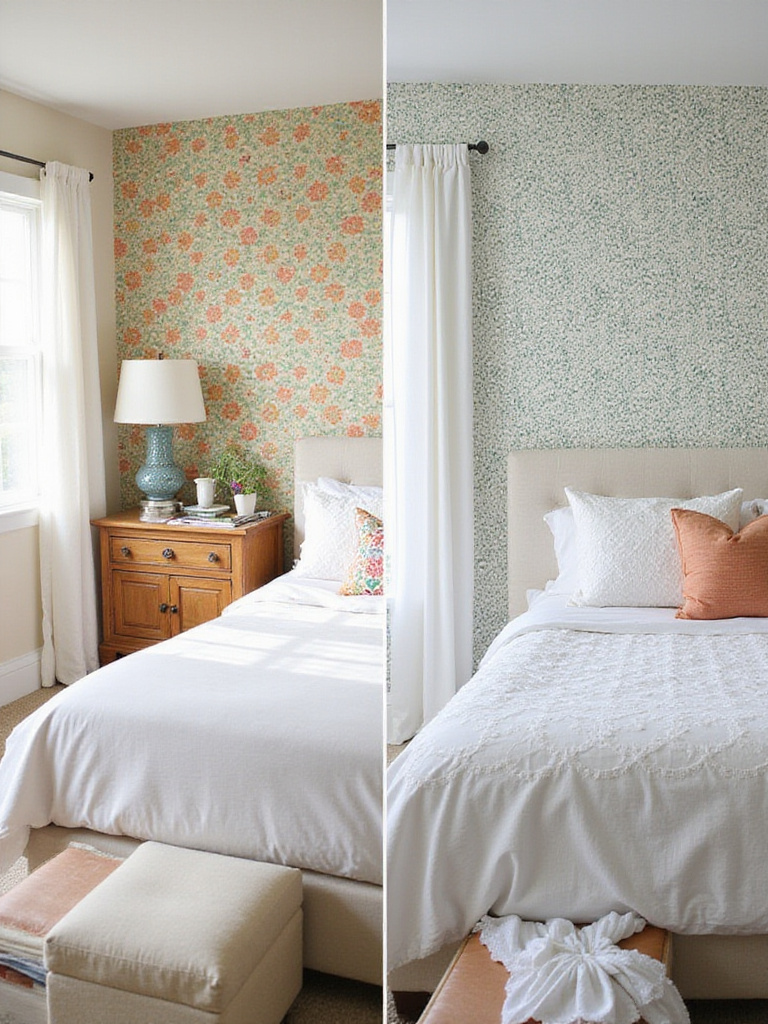 Comparison of peel-and-stick and traditional paste wallpaper in a beautifully decorated bedroom.